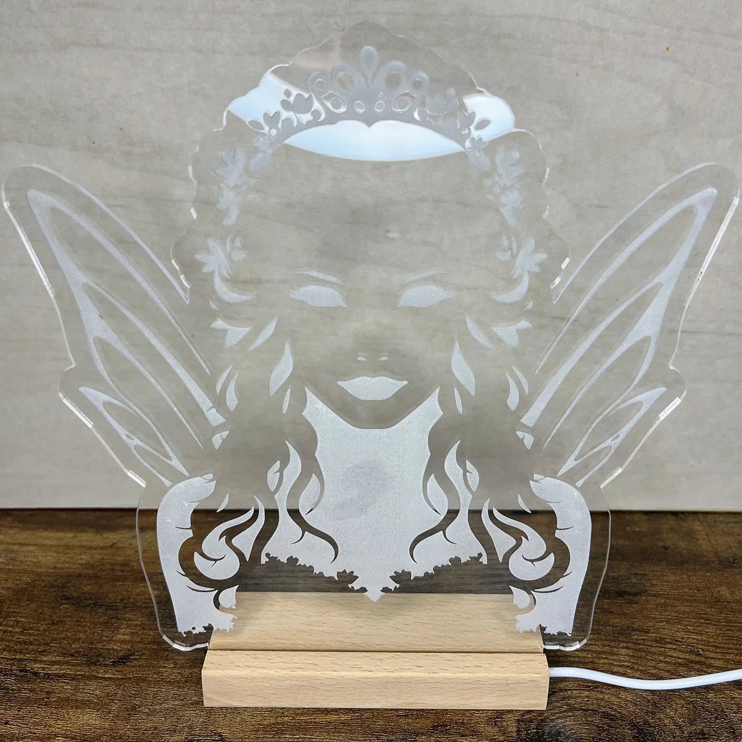 Fairy Queen LED Nightlight acrylic design on wooden base.