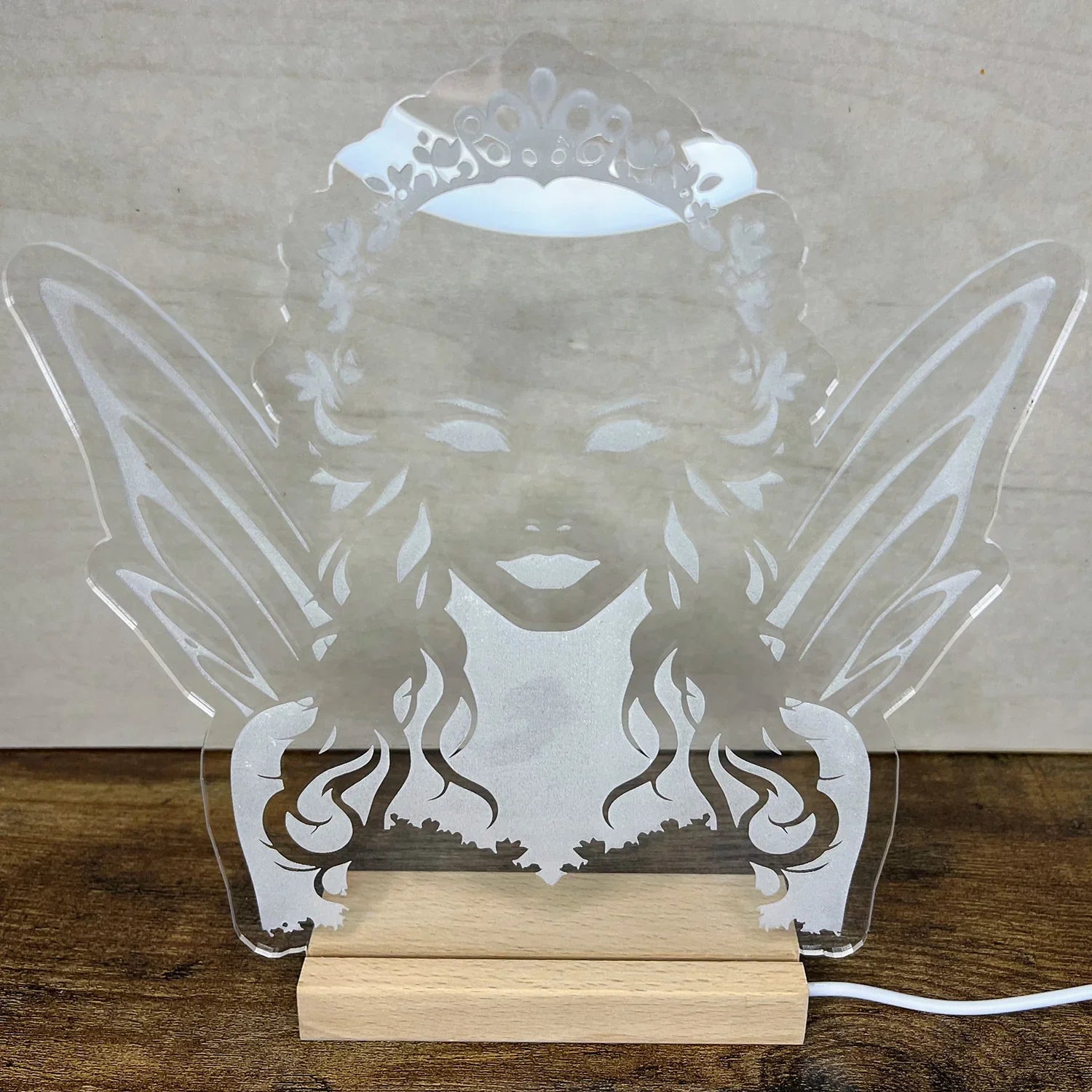 Fairy Queen LED Nightlight acrylic design on wooden base.