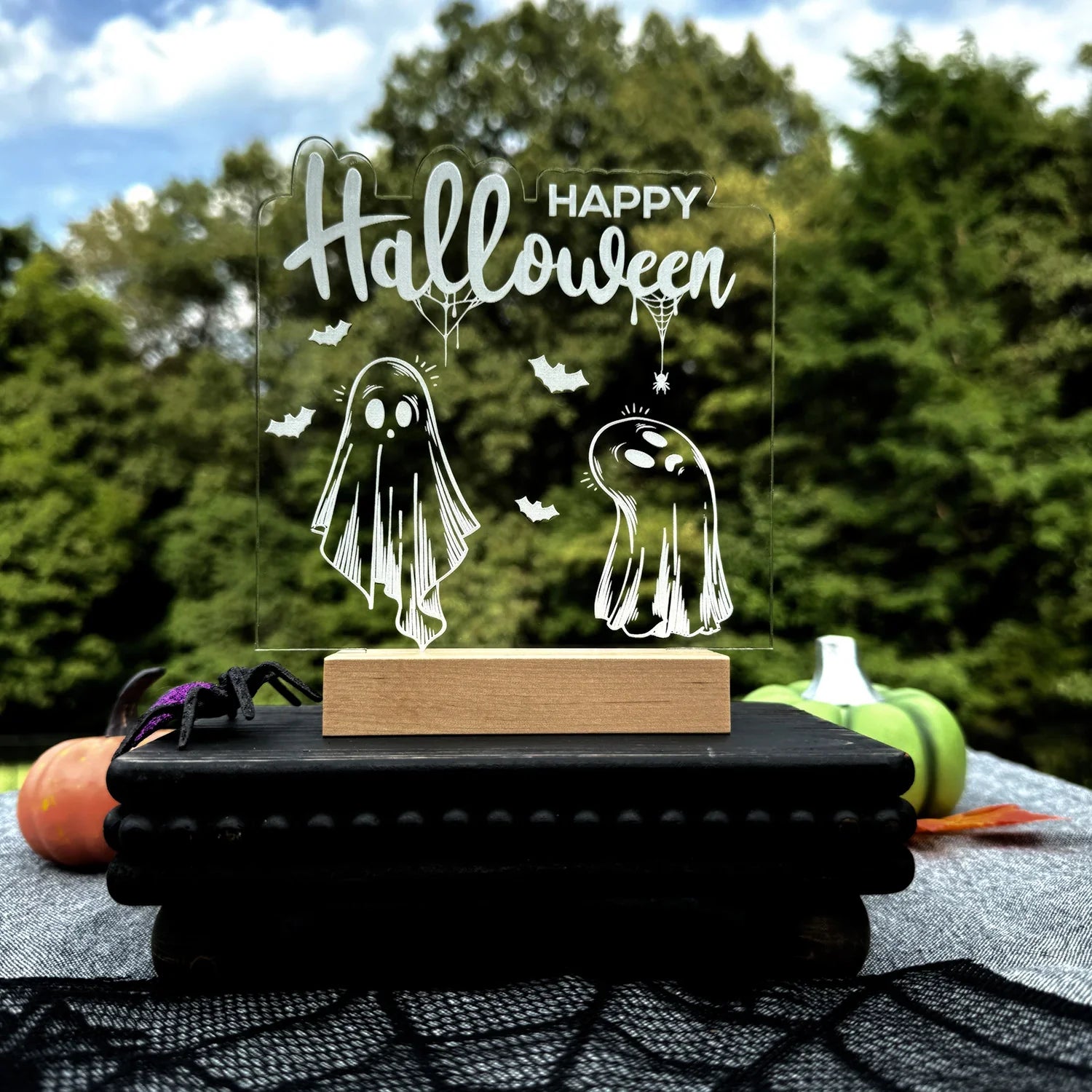 Adorable Ghosts "Happy Halloween" LED Nightlight with acrylic light insert, featuring festive and intricate ghost design.