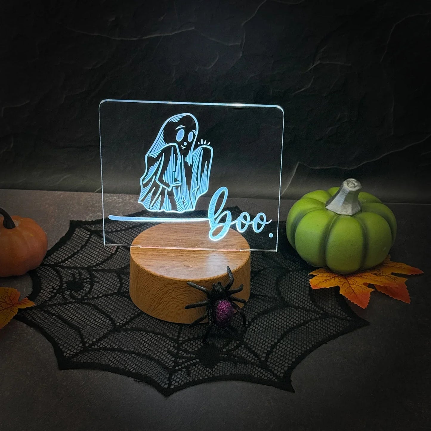 Halloween "Boo" LED Nightlight with ghost design on acrylic in glowing base.