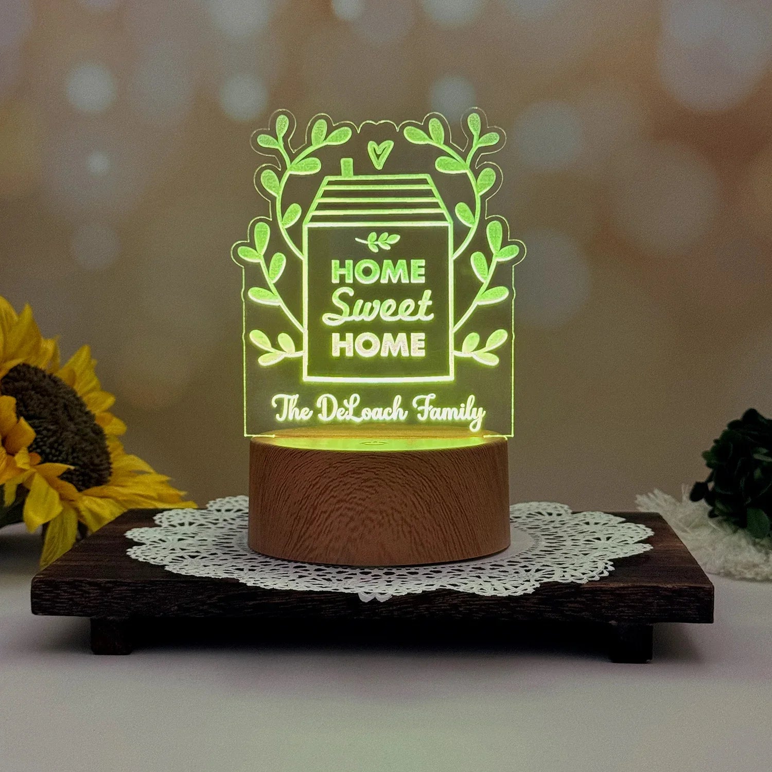 Personalizable Home Sweet Home LED Nightlight with floral design and customizable text.