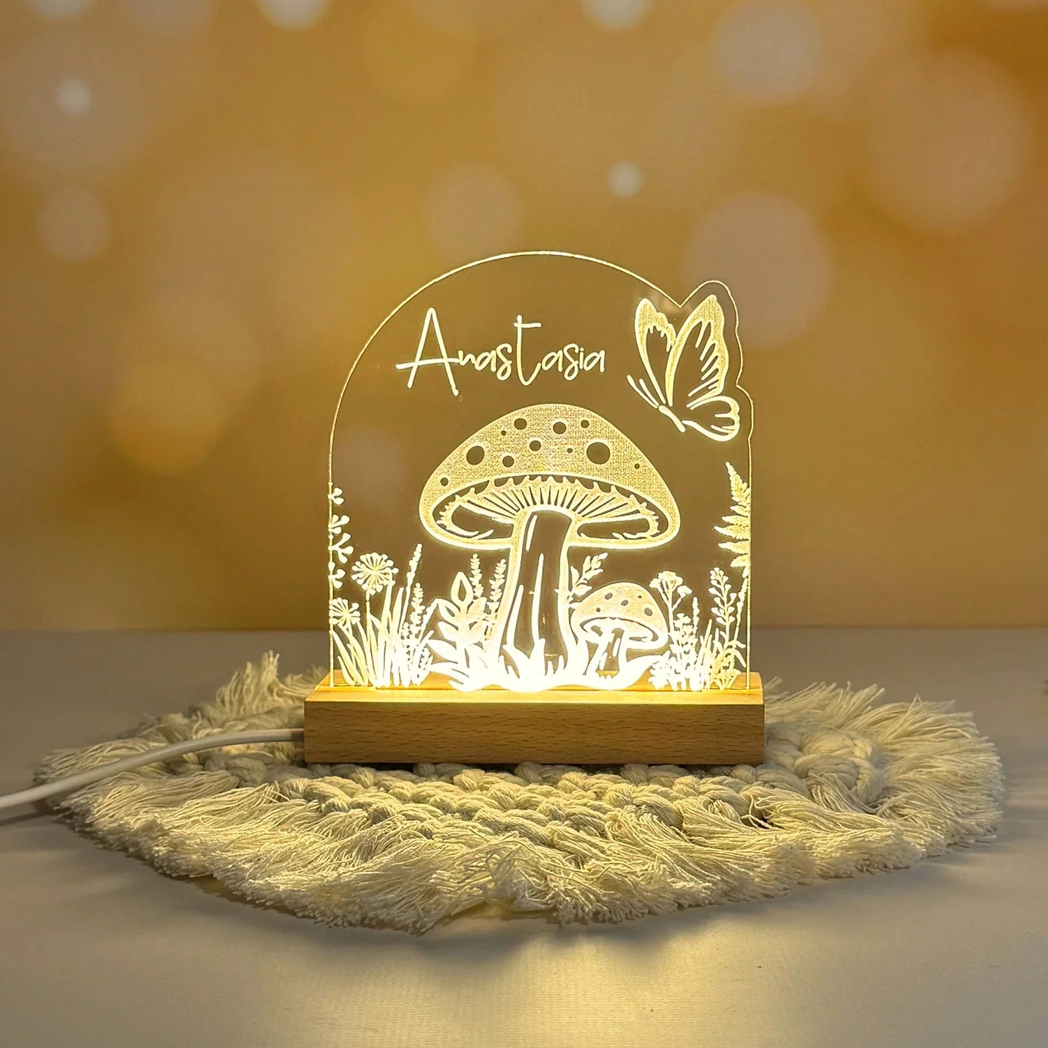 Personalizable forest mushroom LED nightlight with butterfly design.