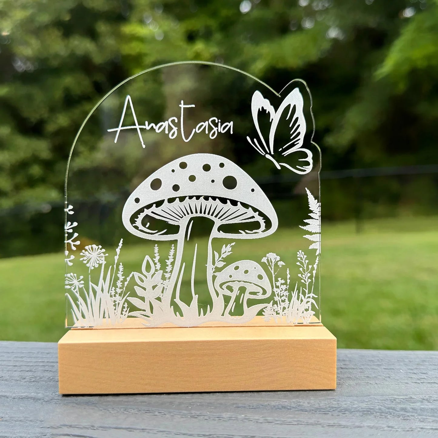 Personalizable forest mushroom with butterfly LED nightlight on acrylic base.