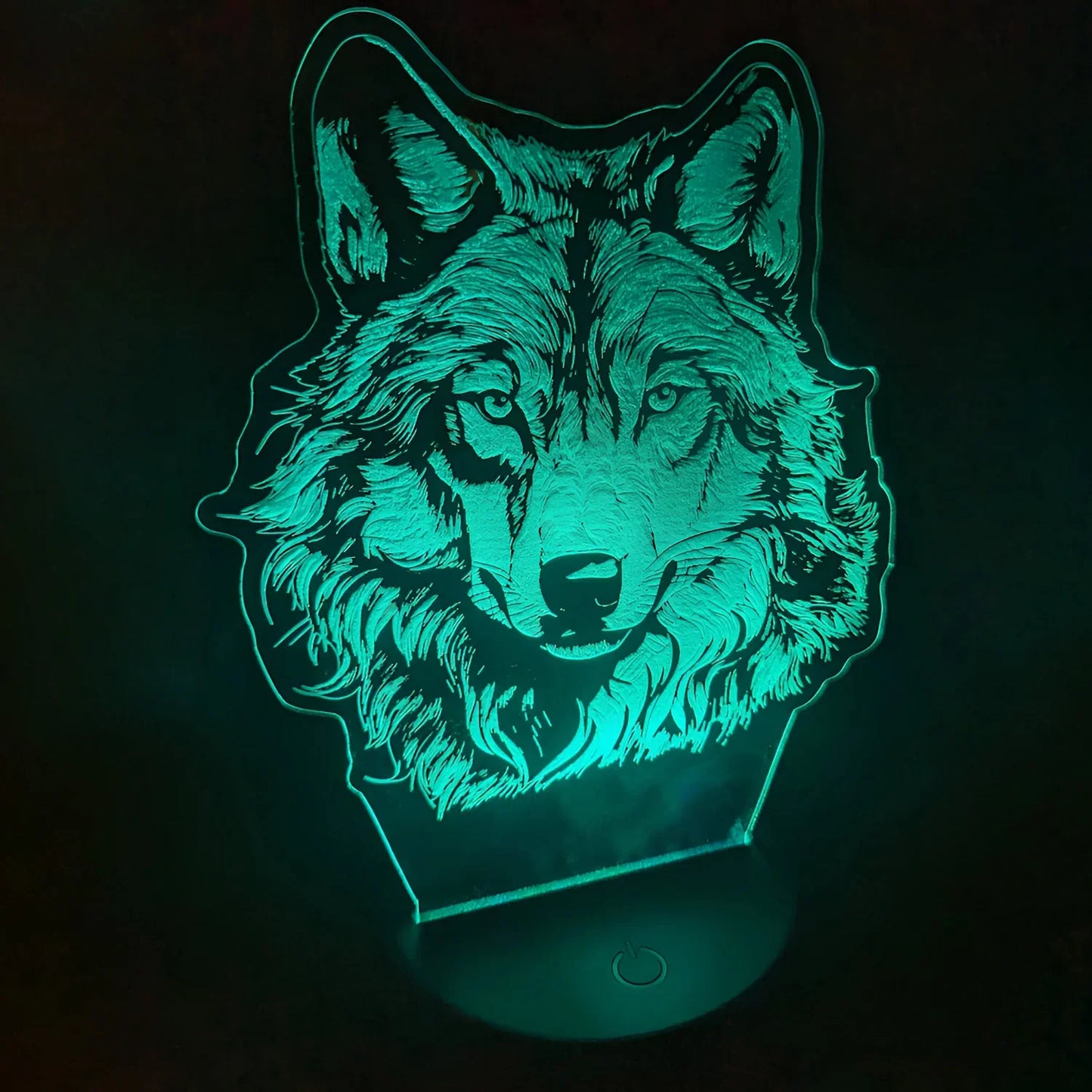 Lone Wolf LED Nightlight with laser-engraved acrylic wolf design and warm LED glow.