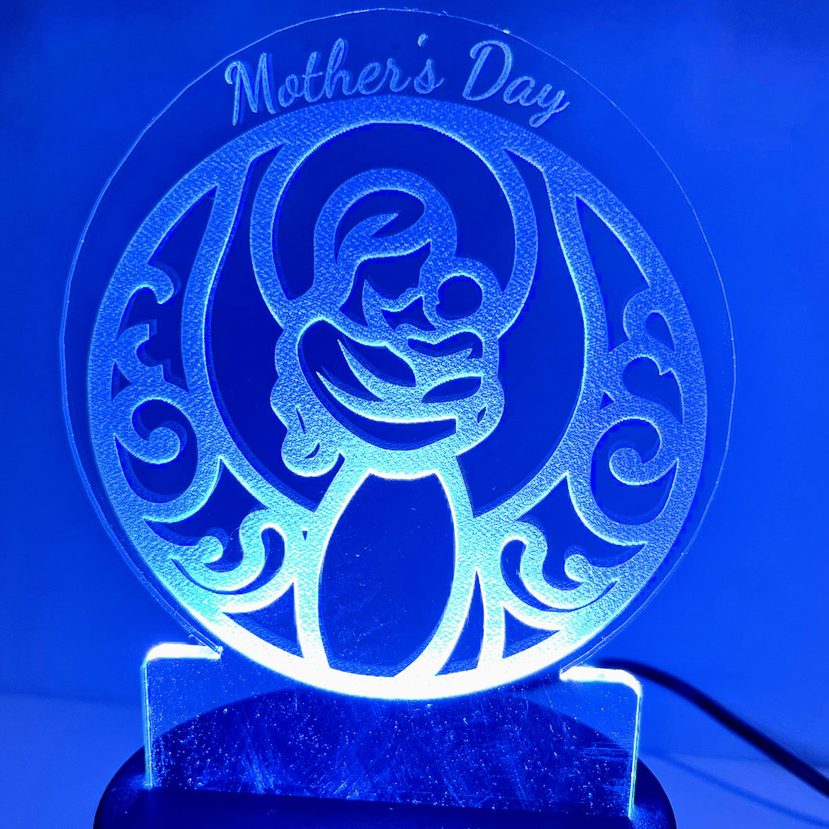 Mother's Day "Mom & Child" LED Nightlight glowing in blue.