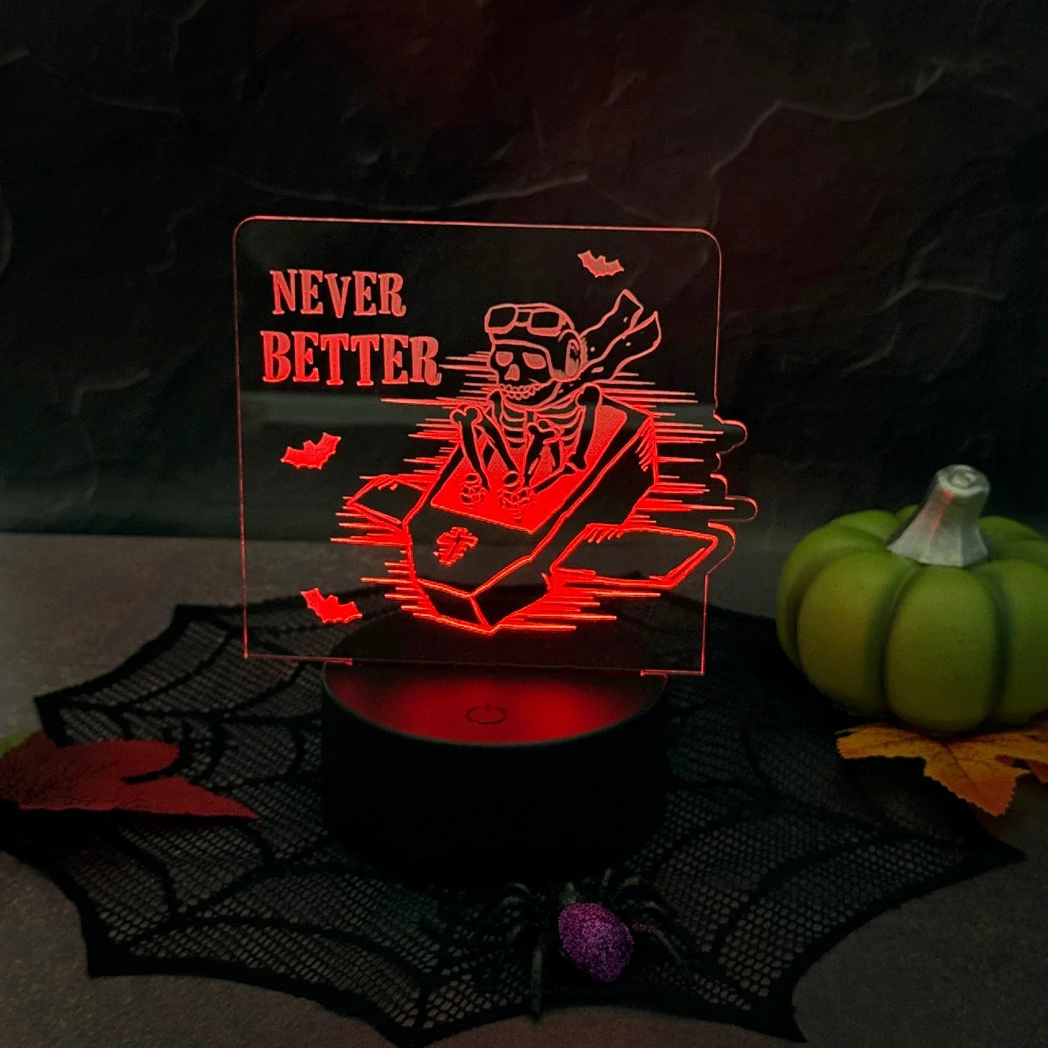 Coffin Funny Halloween LED Nightlight Insert with skeleton design and "Never Better" text.